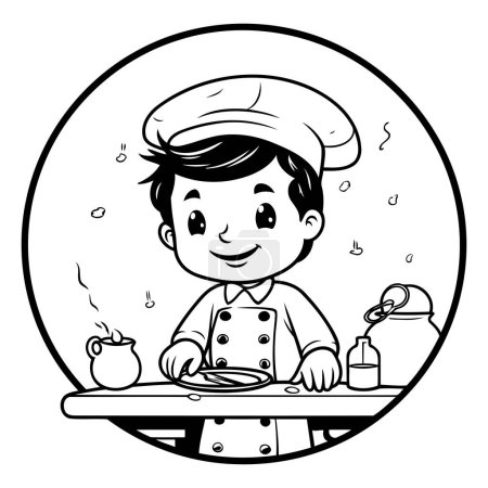 Illustration for Black and white illustration of a boy in a chef's hat preparing a meal. - Royalty Free Image