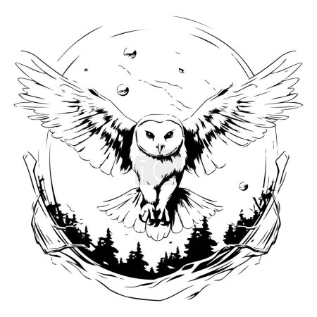 Illustration for Owl flying in the moonlight. Black and white vector illustration. - Royalty Free Image