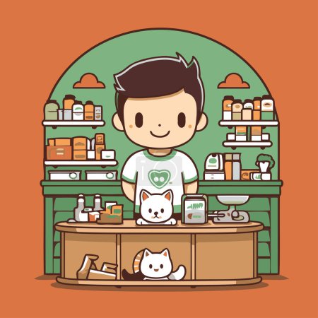Illustration for Cute boy and cat in the pet shop. Vector illustration. - Royalty Free Image