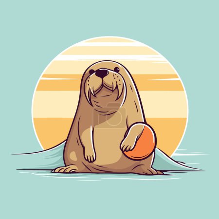 Illustration for Sea lion sitting on the beach with a ball. Vector illustration. - Royalty Free Image