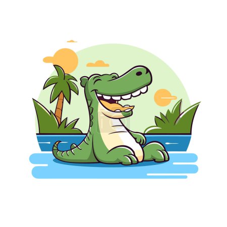 Téléchargez les illustrations : Crocodile sur la plage. Illustration vectorielle dans le style dessin animé - en licence libre de droit
