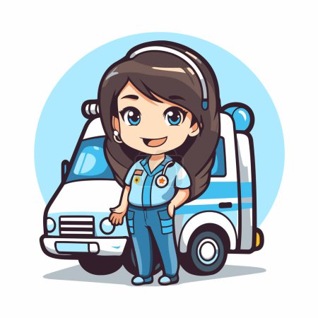 Illustration for Cartoon girl with ambulance car. Vector illustration on white background. - Royalty Free Image