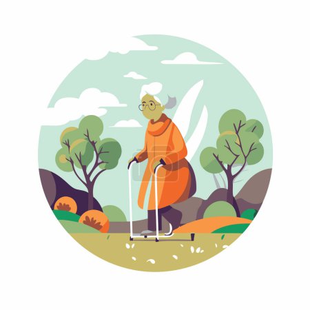 Ilustración de Una anciana en un paseo por el parque. Ilustración vectorial plana. - Imagen libre de derechos