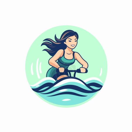 Illustration for Woman riding a surfboard in the sea. Vector illustration in cartoon style - Royalty Free Image