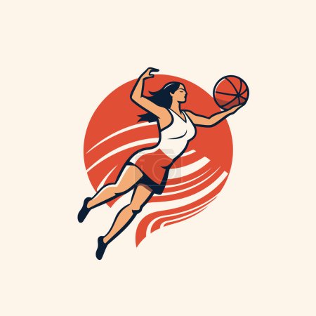 Illustration for Female basketball player jumping with ball in hand. vector illustration in flat style - Royalty Free Image