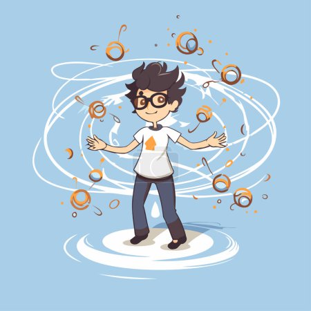 Téléchargez les illustrations : Hipster boy dansant sous la pluie. Illustration vectorielle de dessin animé. - en licence libre de droit