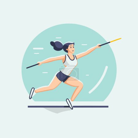Illustration for Young woman running with javelin. Flat style vector illustration. - Royalty Free Image