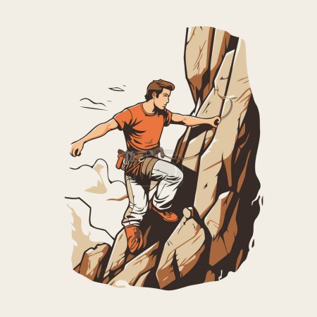 Illustration for Rock climber climbing on a cliff. Vector illustration in retro style. - Royalty Free Image