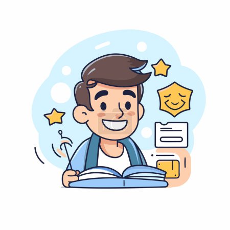 Illustration for Vector illustration of school boy reading book. Cute cartoon character. - Royalty Free Image