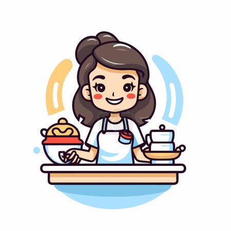 Téléchargez les illustrations : Cute girl cuisine dans la cuisine. Illustration vectorielle. Cartoon style. - en licence libre de droit