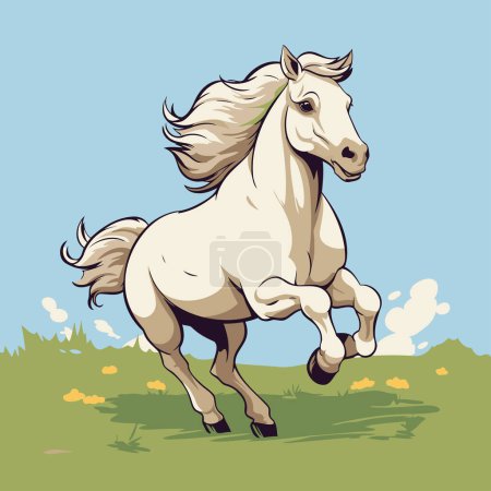 Téléchargez les illustrations : Illustration vectorielle d'un cheval blanc à longue crinière sur le terrain - en licence libre de droit