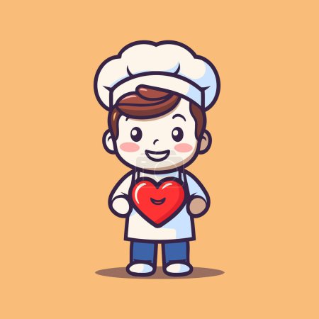 Illustration for Cute chef boy holding heart shape cartoon vector illustration. Cute chef boy character design. - Royalty Free Image