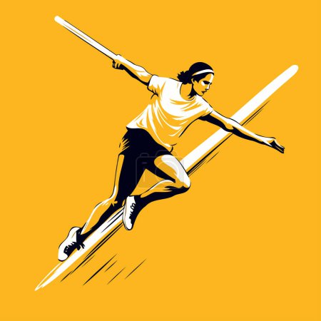 Téléchargez les illustrations : Joueur de baseball sautant avec une batte. Illustration vectorielle sur fond jaune. - en licence libre de droit