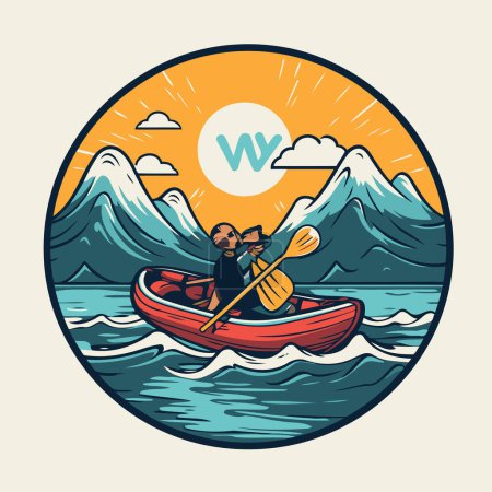 Illustration for Kayak in the sea. Vector illustration in vintage style on a background of mountains. - Royalty Free Image