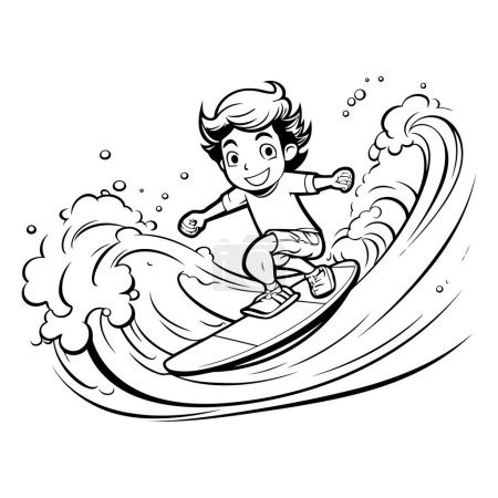 Illustration for Boy surfing on wave. Black and white vector illustration for coloring book. - Royalty Free Image