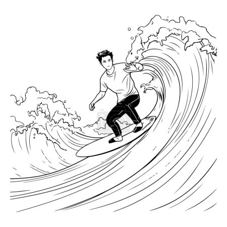 Illustration for Man surfing on a wave. Black and white vector illustration of a man surfing on a wave. - Royalty Free Image