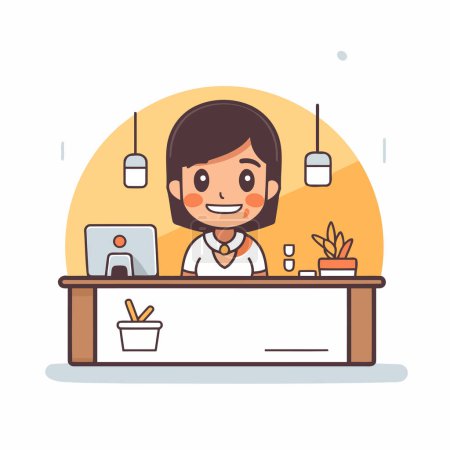 Téléchargez les illustrations : Illustration vectorielle d'une femme travaillant au bureau. Caractère féminin souriant. - en licence libre de droit