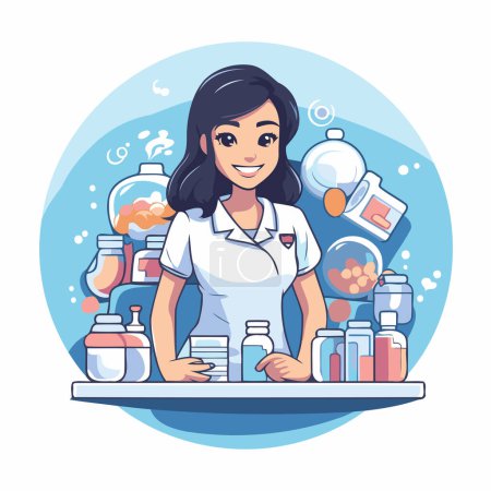 Illustration for Vector illustration of a young female pharmacist in uniform standing in front of shelves with medicines. - Royalty Free Image