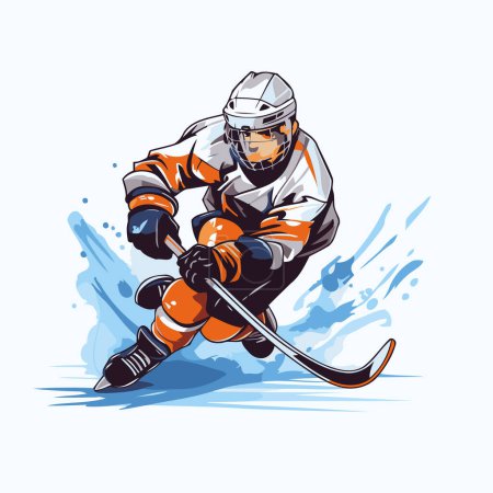 Illustration for Ice hockey player with the stick on the ice. Vector illustration. - Royalty Free Image