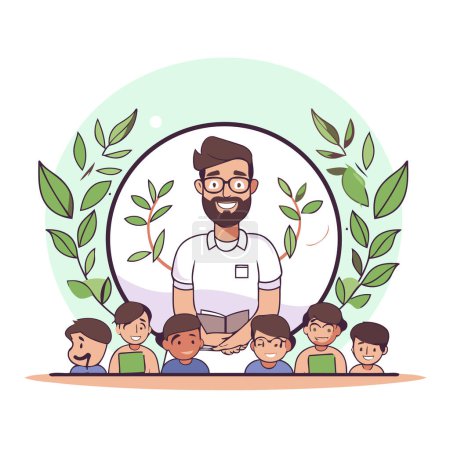 Illustration for Teacher with students. Vector illustration in a flat cartoon style. - Royalty Free Image