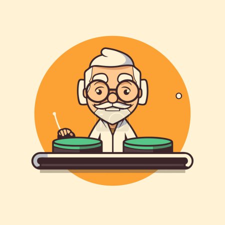 Old man with turntable. Vector illustration in flat style.