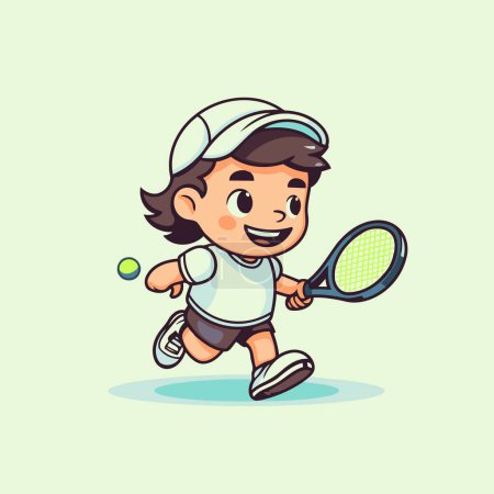 Téléchargez les illustrations : Un garçon de dessin animé jouant au tennis. Illustration vectorielle de garçon mignon jouant au tennis. - en licence libre de droit