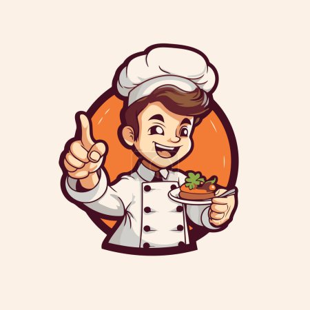 Téléchargez les illustrations : Chef garçon tenant assiette avec salade et pouces levés. Illustration vectorielle. - en licence libre de droit
