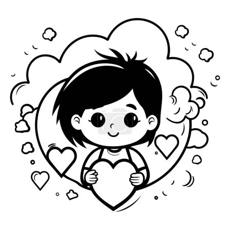 Ilustración de Linda niña con corazón amor dibujos animados vector ilustración diseño gráfico en blanco y negro - Imagen libre de derechos