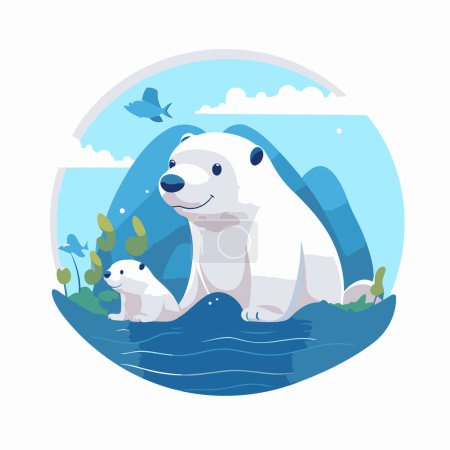 Illustration for Polar bear with cub on the lake. Vector illustration in cartoon style - Royalty Free Image