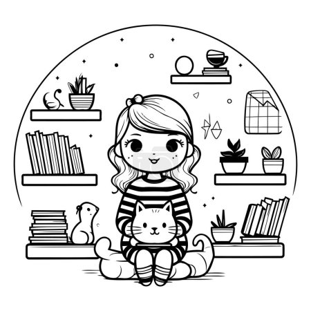 Téléchargez les illustrations : Mignonne petite fille avec chat dans la chambre personnage vectoriel illustration design - en licence libre de droit