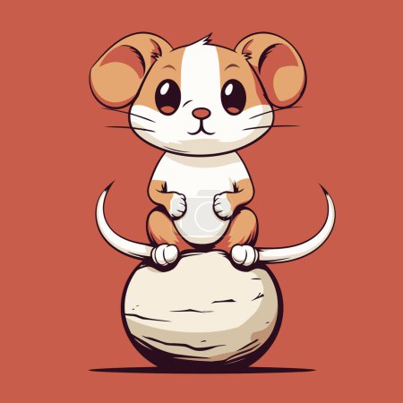 Illustration for Cute cartoon mouse sitting on a big stone. Vector illustration. - Royalty Free Image