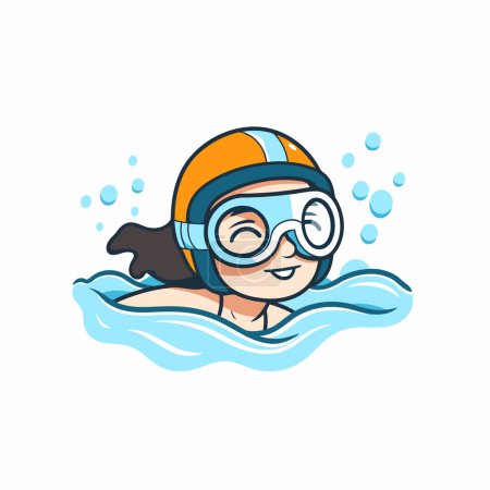 Téléchargez les illustrations : Mignon garçon en masque de plongée nageant dans l'eau. Illustration vectorielle. - en licence libre de droit