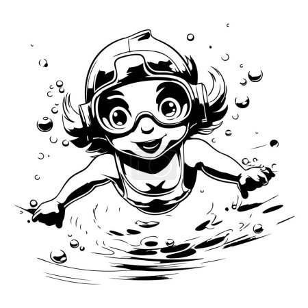 Illustration for Cute little girl diving in the sea. Vector illustration. Black and white. - Royalty Free Image