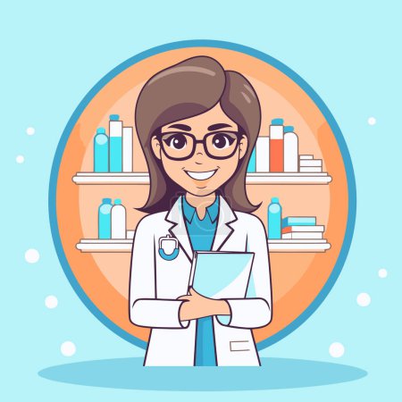 Illustration for Female doctor in medical gown and glasses standing with stethoscope. Vector illustration. - Royalty Free Image