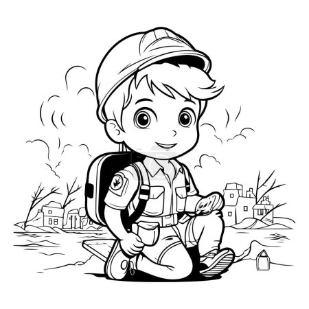 Illustration for Boy scout with backpack - black and white vector illustration for coloring book - Royalty Free Image