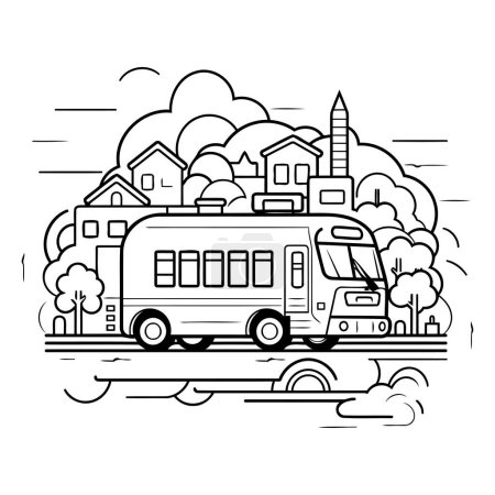 Ilustración de Autobús en la carretera de la ciudad. Ilustración vectorial. Blanco y negro - Imagen libre de derechos