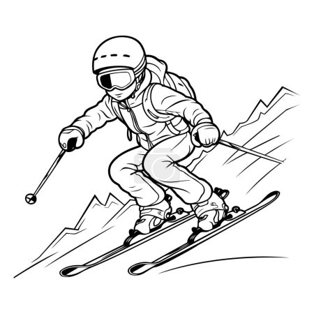 Téléchargez les illustrations : Je skie. skieur. illustration vectorielle noir et blanc. - en licence libre de droit