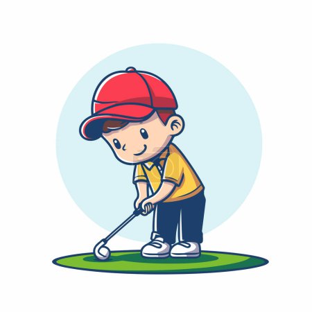 Chico golfista jugando golf. Ilustración vectorial en estilo de dibujos animados.