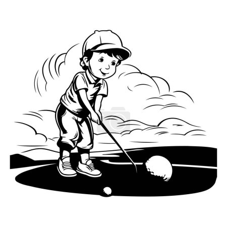 Illustration for Little boy playing golf on a golf course. Black and white vector illustration. - Royalty Free Image