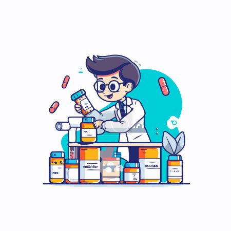 Illustration for Pharmacist with a lot of medicine bottles. Vector illustration. - Royalty Free Image
