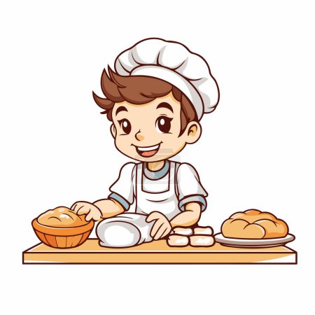 Téléchargez les illustrations : Chef garçon faisant illustration vectorielle de pain isolé sur un fond blanc. - en licence libre de droit