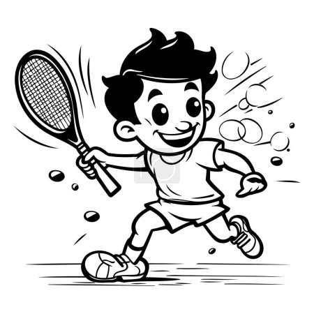 Téléchargez les illustrations : Garçon jouant au tennis Illustration de dessin animé noir et blanc. Art vectoriel - en licence libre de droit