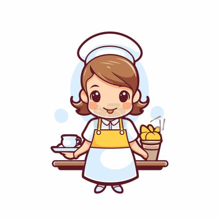 Ilustración de Linda chica chef de dibujos animados con plato y taza de café. Ilustración vectorial. - Imagen libre de derechos
