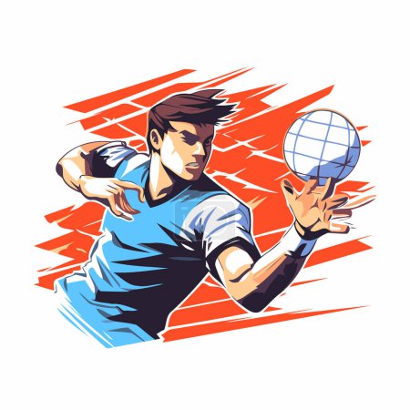 Illustration for Illustration of a soccer player holding ball and racket set inside triangle on isolated background done in retro style. - Royalty Free Image
