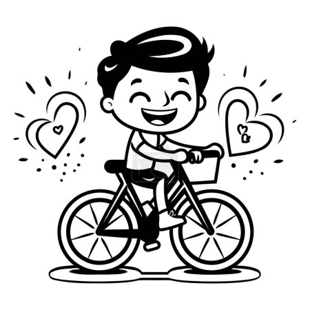 Illustration for Black and White Cartoon Illustration of a Boy Riding a Bicycle and Smiling - Royalty Free Image