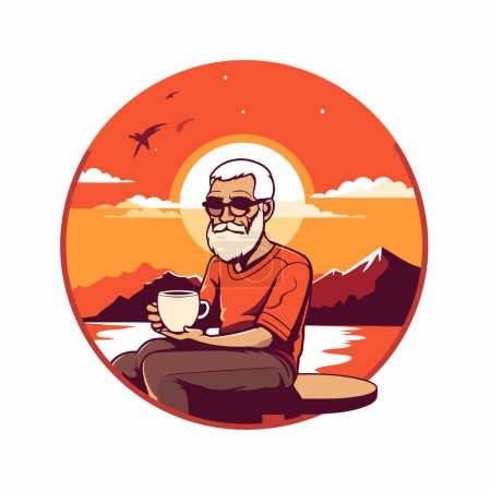 Téléchargez les illustrations : Illustration de style rétro d'un vieil homme avec une tasse de café ou de thé assis au bord du lac et regardant vers le côté placé à l'intérieur du cercle sur fond isolé. - en licence libre de droit