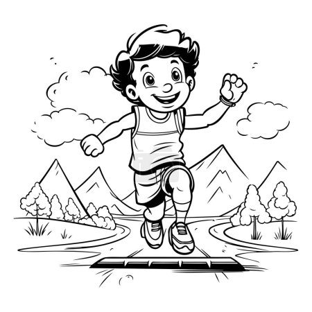 Téléchargez les illustrations : Un garçon qui court sur la route. Illustration vectorielle noir et blanc pour livre à colorier. - en licence libre de droit
