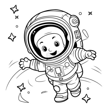Téléchargez les illustrations : Illustration de dessin animé noir et blanc d'un astronaute enfant portant une combinaison spatiale pour un livre à colorier - en licence libre de droit