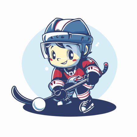 Téléchargez les illustrations : Joueur de hockey dessin animé mignon avec bâton et rondelle. Illustration vectorielle. - en licence libre de droit
