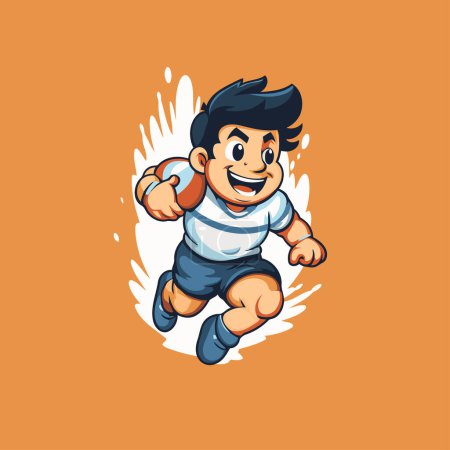 Netter Junge läuft mit einem Ball. Vektorillustration einer Zeichentrickfigur.
